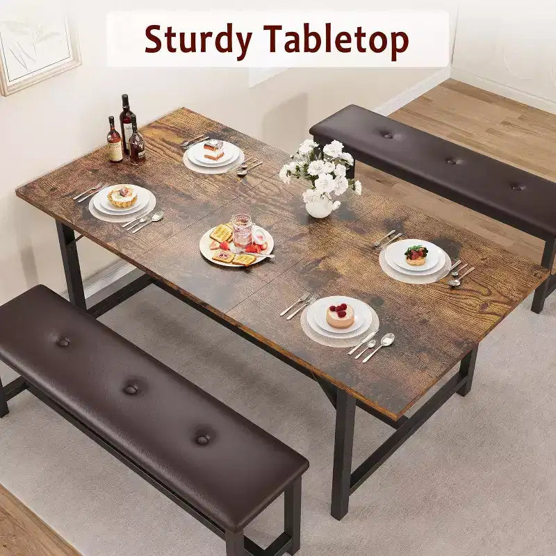 Farmhouse Extendable Dining Table Set for 4/ 6, Large Dining Table Set with Two Upholstered Benches, for Home, Dining room Rustic Brown