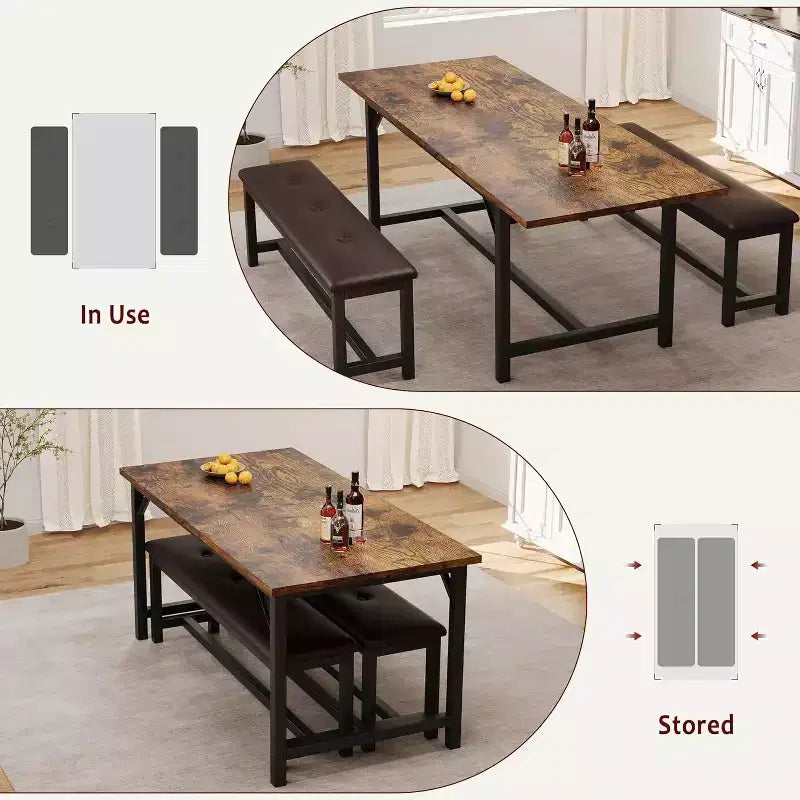 Farmhouse Extendable Dining Table Set for 4/ 6, Large Dining Table Set with Two Upholstered Benches, for Home, Dining room Rustic Brown