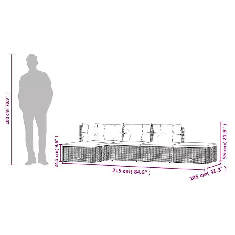 vidaXL loungeset voor de tuin, grijs PE-rattan, gepoedercoat staal, 5-delige set