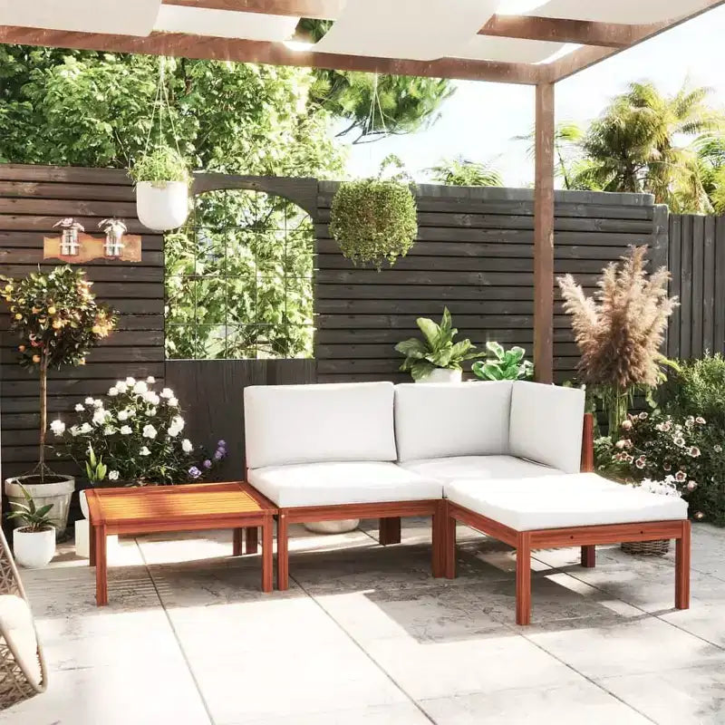 vidaXL Solid Acacia Wood 4-Piece Patio Lounge Set, Durably Constructed and Weather-Resistant with Cream Cushions for Ultimate Comfort