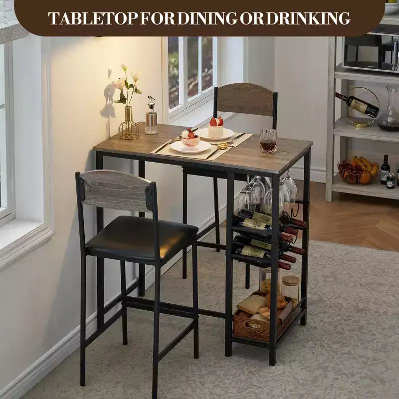 Barkruktafelset voor 2 personen met voetensteun, 2 gestoffeerde stoelen voor aan de bar