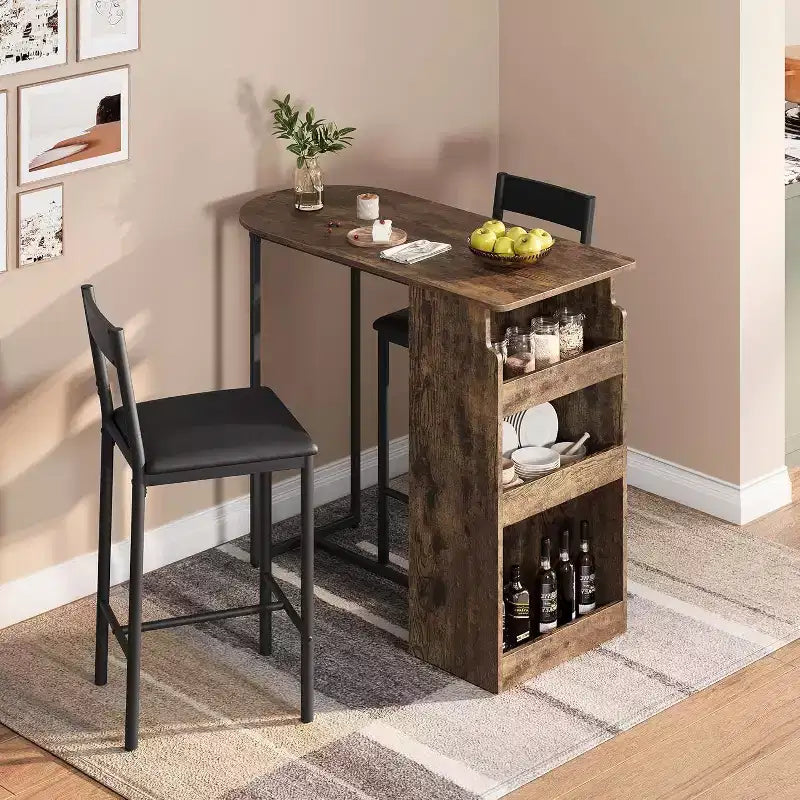 Acekool 2-Person Bar Table Set with Storage Shelf Space Saving Dining Table and Chairs for Kitchen Apartment