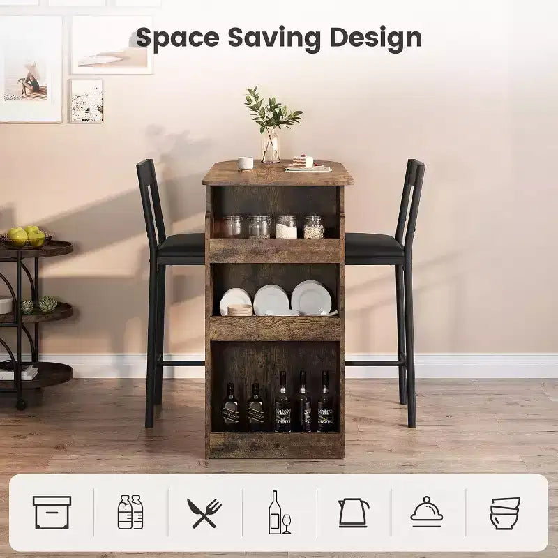 Acekool 2-Person Bar Table Set with Storage Shelf Space Saving Dining Table and Chairs for Kitchen Apartment