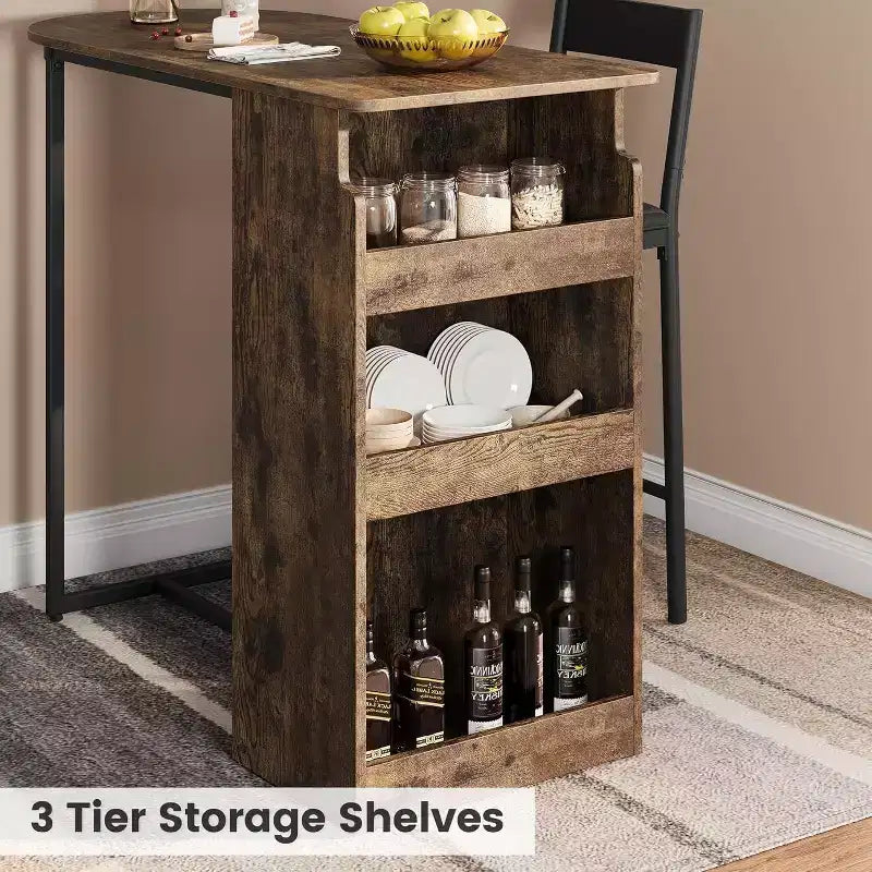 Acekool 2-Person Bar Table Set with Storage Shelf Space Saving Dining Table and Chairs for Kitchen Apartment