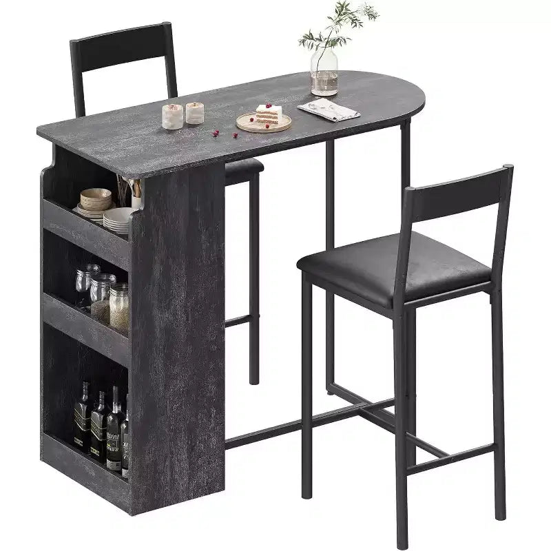 Acekool 2-Person Bar Table Set with Storage Shelf Space Saving Dining Table and Chairs for Kitchen Apartment