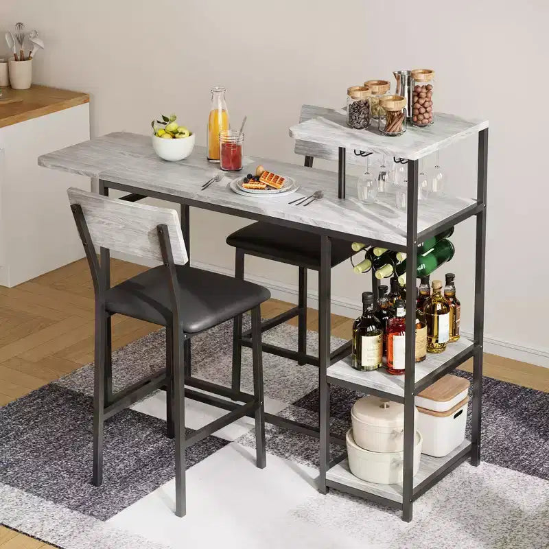 3-delige bartafelset voor 2 personen, uitschuifbare keukeneettafel met 2 krukken, bartafel- en stoelenset op toonbankhoogte met opbergplank en wijnrek