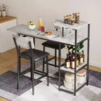 3-delige bartafelset voor 2 personen, uitschuifbare keukeneettafel met 2 krukken, bartafel- en stoelenset op toonbankhoogte met opbergplank en wijnrek