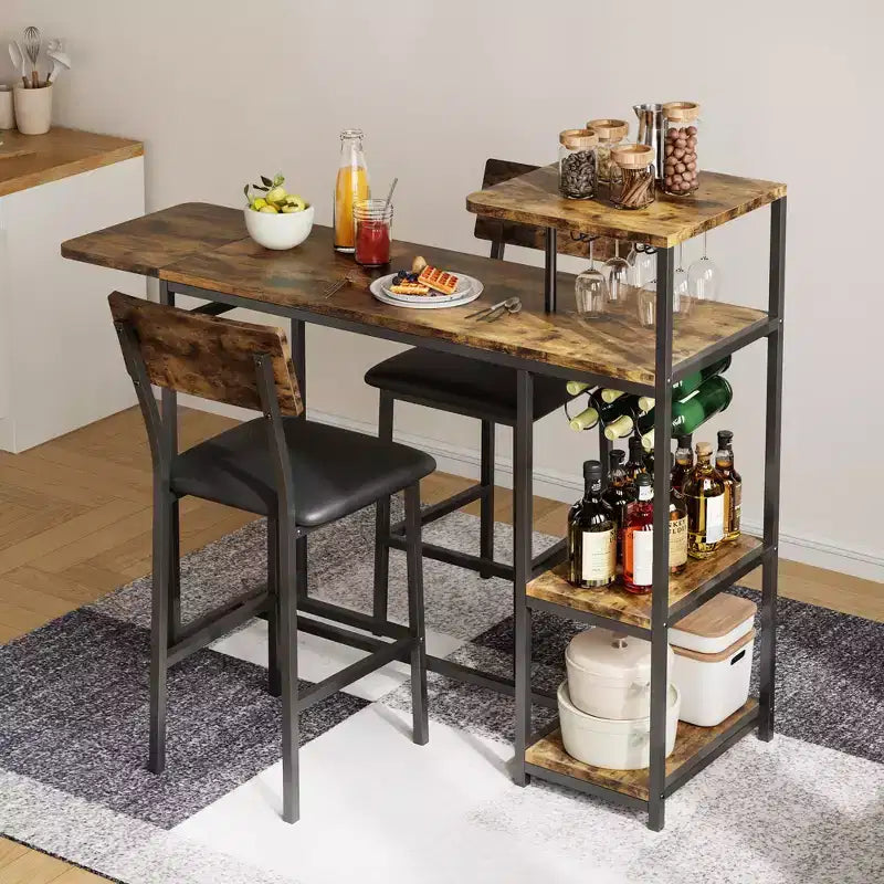 3-delige bartafelset voor 2 personen, uitschuifbare keukeneettafel met 2 krukken, bartafel- en stoelenset op toonbankhoogte met opbergplank en wijnrek