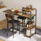 3-delige bartafelset voor 2 personen, uitschuifbare keukeneettafel met 2 krukken, bartafel- en stoelenset op toonbankhoogte met opbergplank en wijnrek
