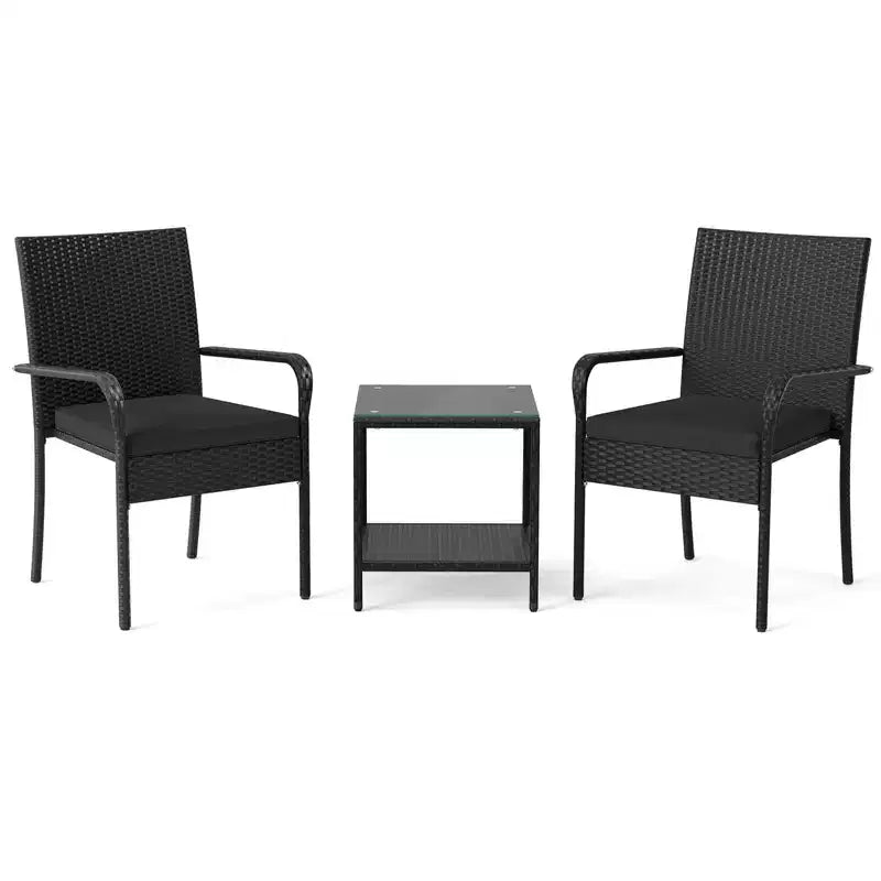 Costway 3 PCS Patio Furniture Set with 2-Tier Table Tempered Glass Tabletop & Soft Cushions White/Black/Brown