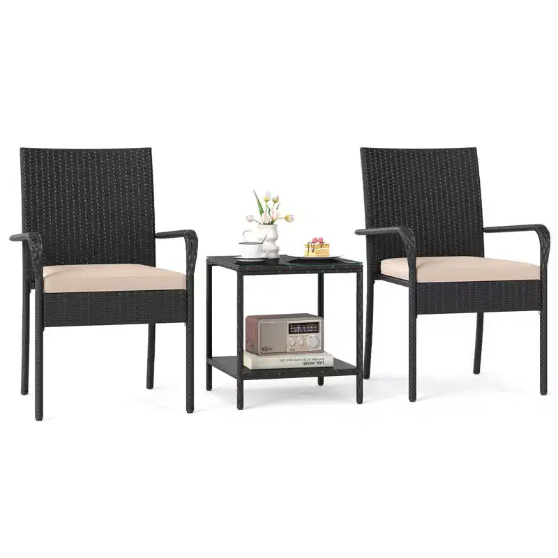 Costway 3 PCS Patio Furniture Set with 2-Tier Table Tempered Glass Tabletop & Soft Cushions White/Black/Brown