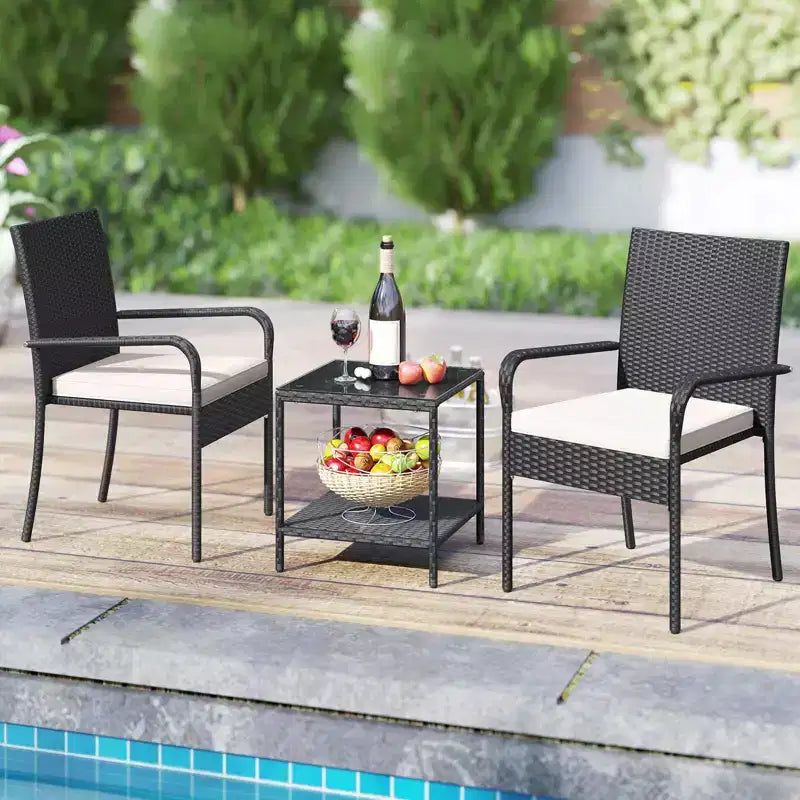 Costway 3 PCS Patio Furniture Set with 2-Tier Table Tempered Glass Tabletop & Soft Cushions White/Black/Brown