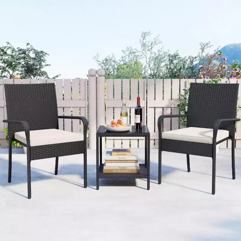 Costway 3 PCS Patio Furniture Set with 2-Tier Table Tempered Glass Tabletop & Soft Cushions White/Black/Brown