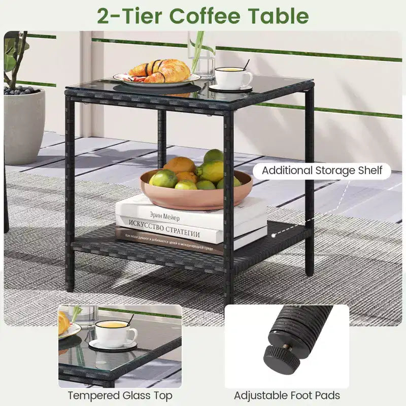 Costway 3 PCS Patio Furniture Set with 2-Tier Table Tempered Glass Tabletop & Soft Cushions White/Black/Brown