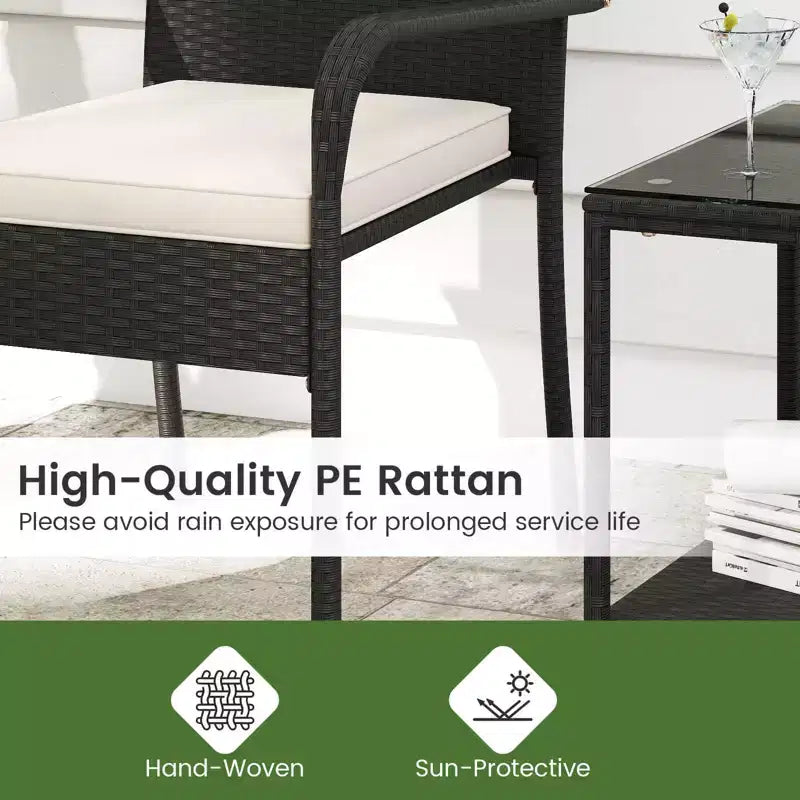 Costway 3 PCS Patio Furniture Set with 2-Tier Table Tempered Glass Tabletop & Soft Cushions White/Black/Brown