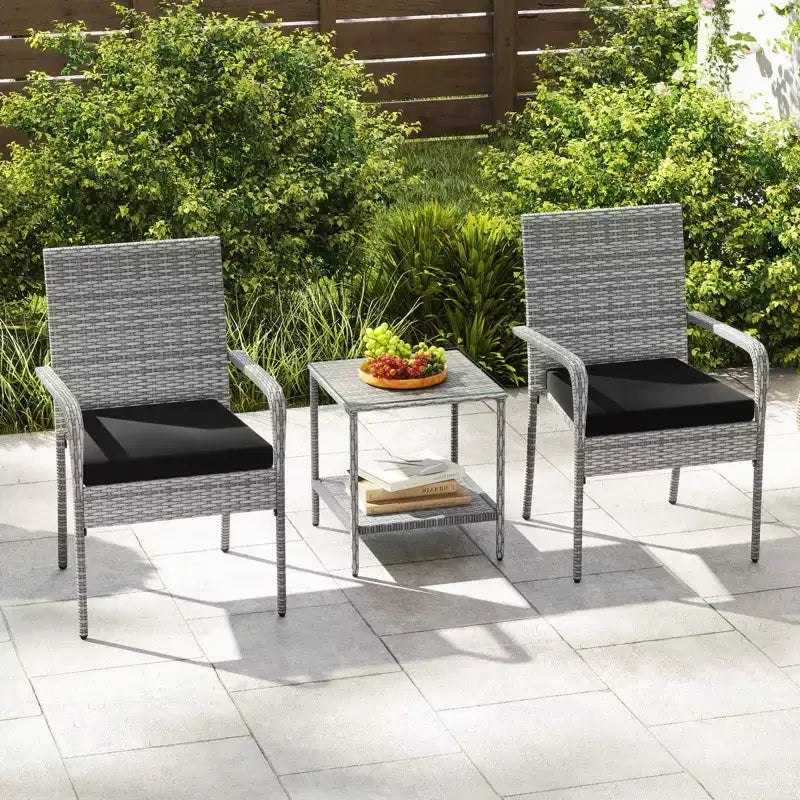 Costway 3 PCS Patio Furniture Set with 2-Tier Table Tempered Glass Tabletop & Soft Cushions White/Black/Brown