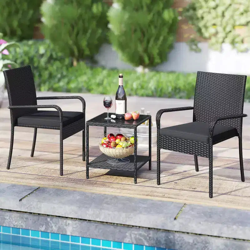 Costway 3 PCS Patio Furniture Set with 2-Tier Table Tempered Glass Tabletop & Soft Cushions White/Black/Brown