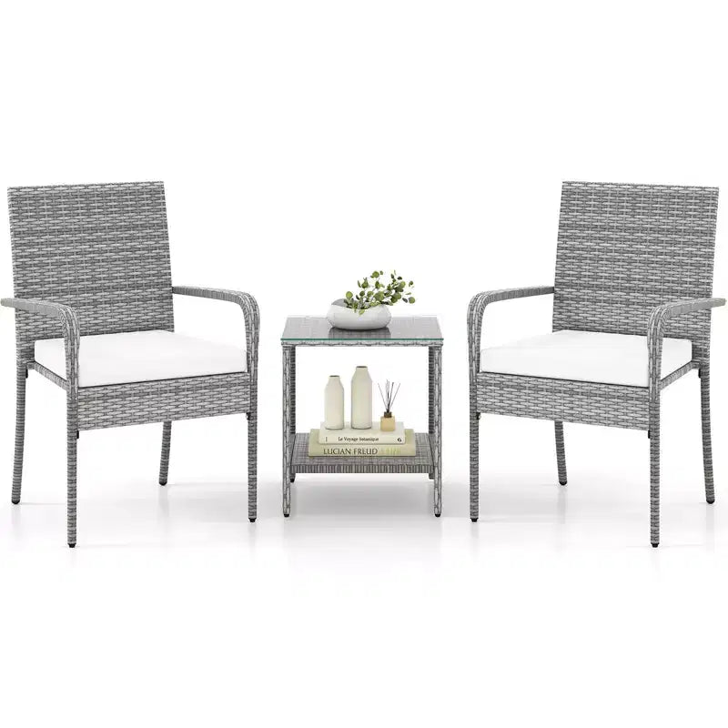 Costway 3 PCS Patio Furniture Set with 2-Tier Table Tempered Glass Tabletop & Soft Cushions White/Black/Brown