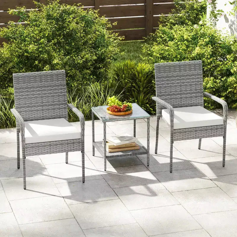 Costway 3 PCS Patio Furniture Set with 2-Tier Table Tempered Glass Tabletop & Soft Cushions White/Black/Brown