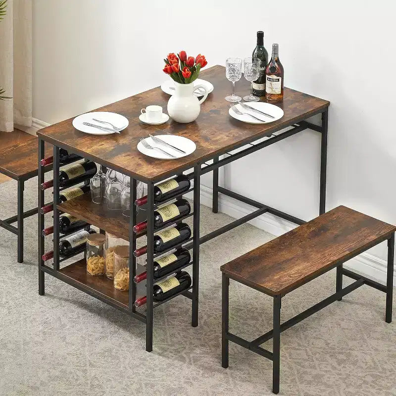 4-Piece Dining Table Set with 2 Benches, Wine Rack & Storage Shelf, Kitchen Dining Room Table for Small Spaces
