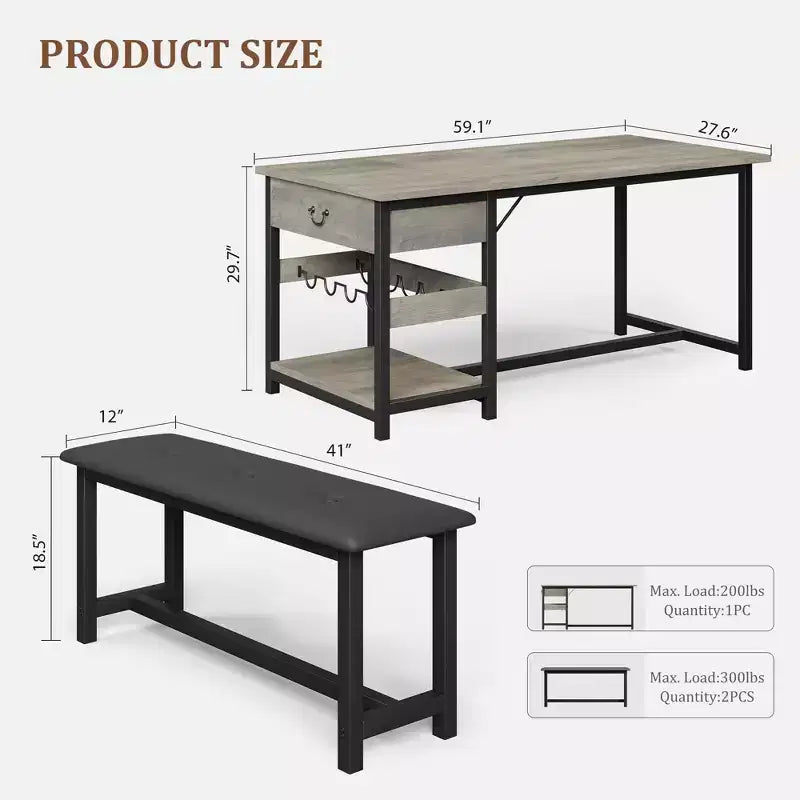 Dining Table Set for 4, Rustic Bar Height Dining Set with Storage & Upholstered Benches, Kitchen Table Set Island Table for Home Bar, Pub