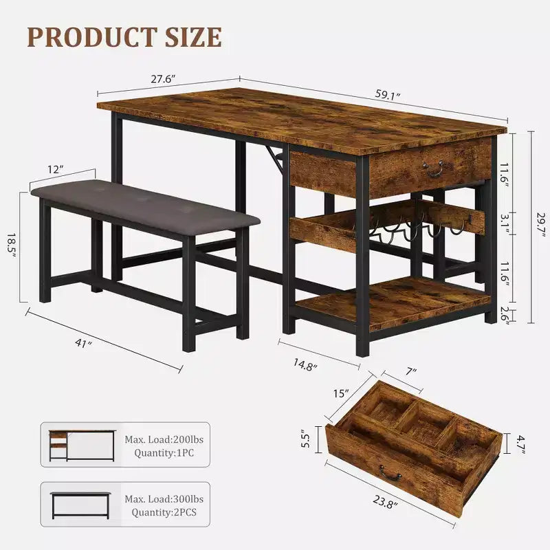 Dining Table Set for 4, Rustic Bar Height Dining Set with Storage & Upholstered Benches, Kitchen Table Set Island Table for Home Bar, Pub