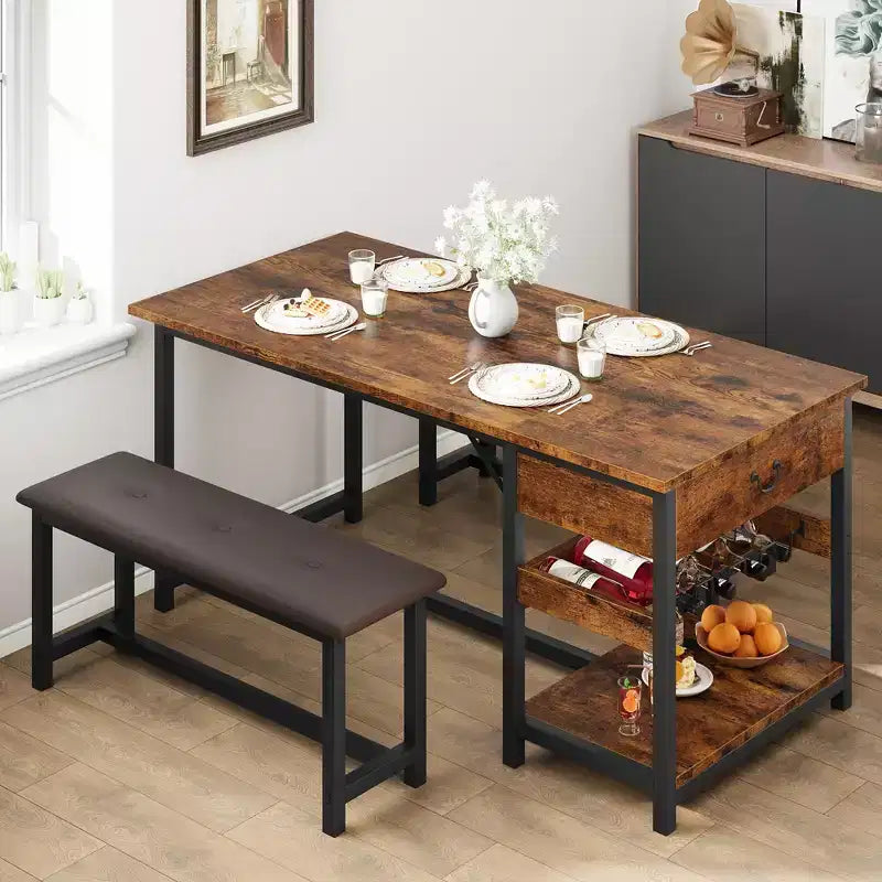 Dining Table Set for 4, Rustic Bar Height Dining Set with Storage & Upholstered Benches, Kitchen Table Set Island Table for Home Bar, Pub