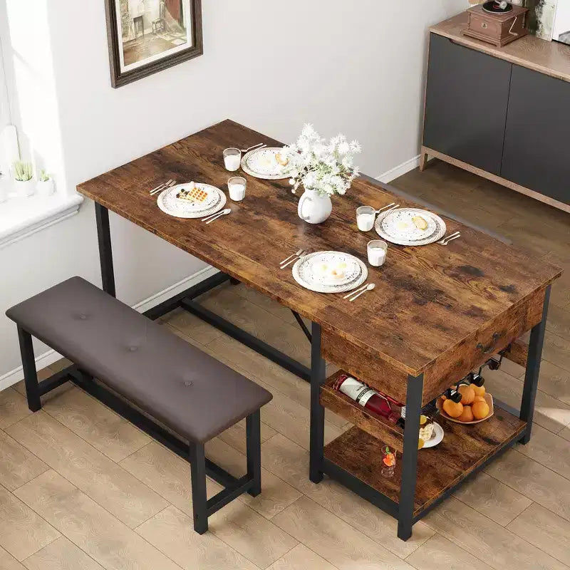 Dining Table Set for 4, Rustic Bar Height Dining Set with Storage & Upholstered Benches, Kitchen Table Set Island Table for Home Bar, Pub
