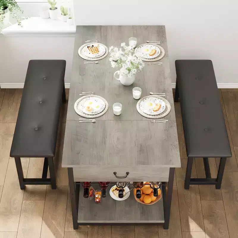 Dining Table Set for 4, Rustic Bar Height Dining Set with Storage & Upholstered Benches, Kitchen Table Set Island Table for Home Bar, Pub