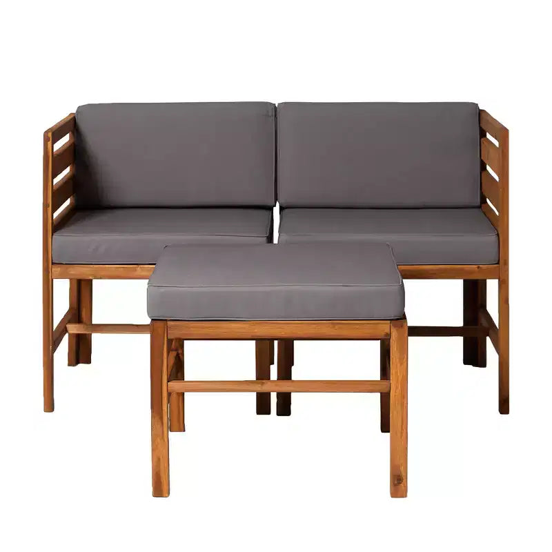 GDFStudio Elisha Outdoor Acacia Wood 3 Piece Left and Right Arm Chairs and Ottoman with Cushions