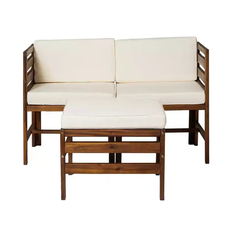 GDFStudio Elisha Outdoor Acacia Wood 3 Piece Left and Right Arm Chairs and Ottoman with Cushions
