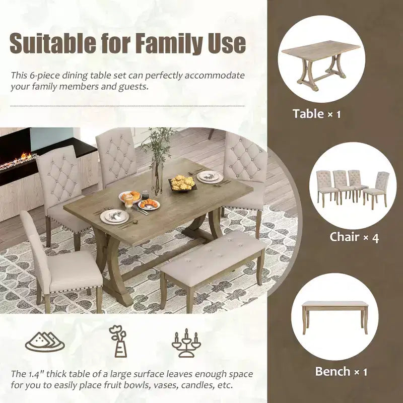 GDFStudio Thomas 6 Piece Farmhouse Dining Table Set with Upholstered Chairs and Bench
