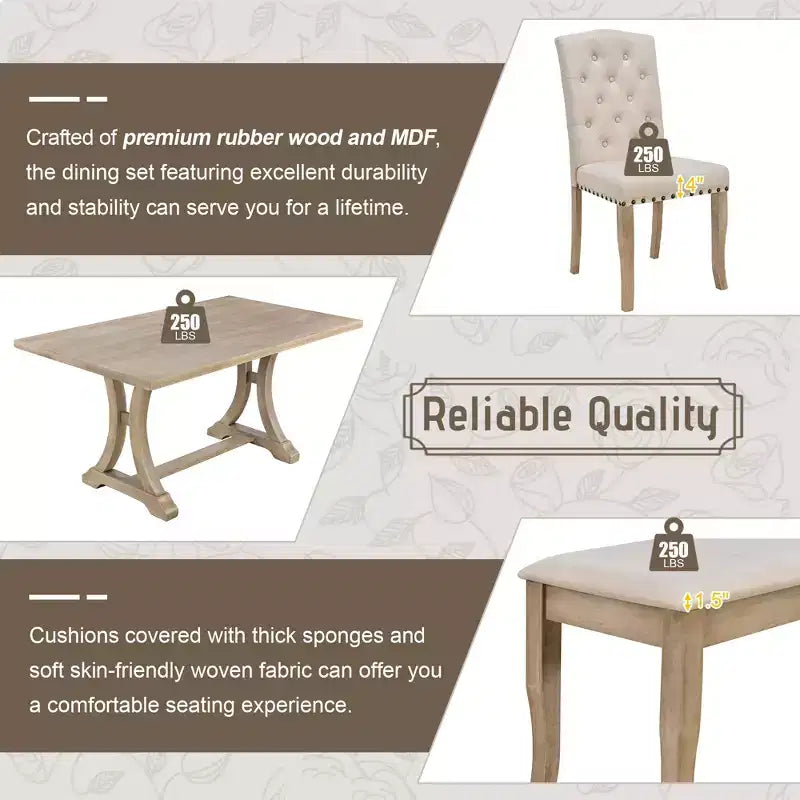 GDFStudio Thomas 6 Piece Farmhouse Dining Table Set with Upholstered Chairs and Bench