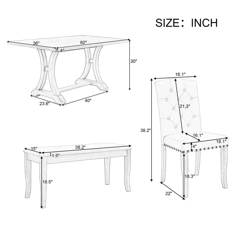 GDFStudio Thomas 6 Piece Farmhouse Dining Table Set with Upholstered Chairs and Bench