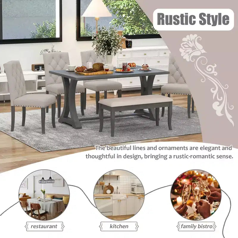 GDFStudio Thomas 6 Piece Farmhouse Dining Table Set with Upholstered Chairs and Bench