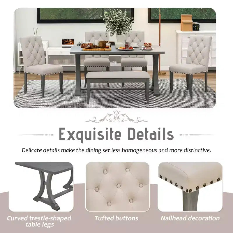 GDFStudio Thomas 6 Piece Farmhouse Dining Table Set with Upholstered Chairs and Bench