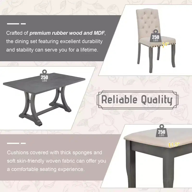 GDFStudio Thomas 6 Piece Farmhouse Dining Table Set with Upholstered Chairs and Bench