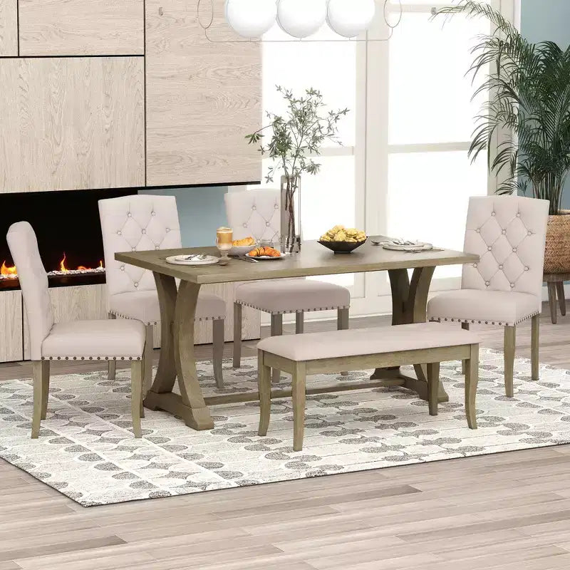 GDFStudio Thomas 6 Piece Farmhouse Dining Table Set with Upholstered Chairs and Bench