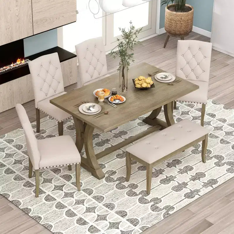 GDFStudio Thomas 6 Piece Farmhouse Dining Table Set with Upholstered Chairs and Bench