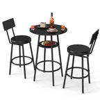 Zevemomo 3 Pieces Round Bar Table Set, Small Dining Table for 2, with Storage,2 Thickened Cushion Stools with Backrest for Dining Room & Bistro-Black