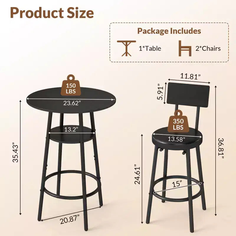 Zevemomo 3 Pieces Round Bar Table Set, Small Dining Table for 2, with Storage,2 Thickened Cushion Stools with Backrest for Dining Room & Bistro-Black