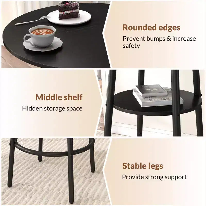 Zevemomo 3 Pieces Round Bar Table Set, Small Dining Table for 2, with Storage,2 Thickened Cushion Stools with Backrest for Dining Room & Bistro-Black