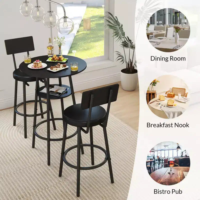 Zevemomo 3 Pieces Round Bar Table Set, Small Dining Table for 2, with Storage,2 Thickened Cushion Stools with Backrest for Dining Room & Bistro-Black