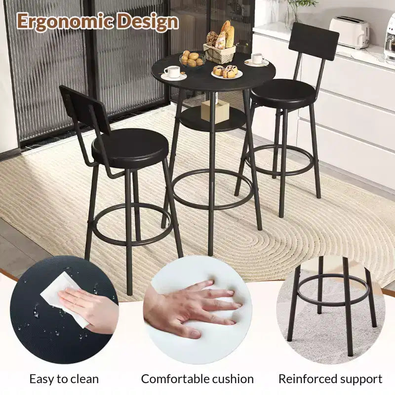 Zevemomo 3 Pieces Round Bar Table Set, Small Dining Table for 2, with Storage,2 Thickened Cushion Stools with Backrest for Dining Room & Bistro-Black