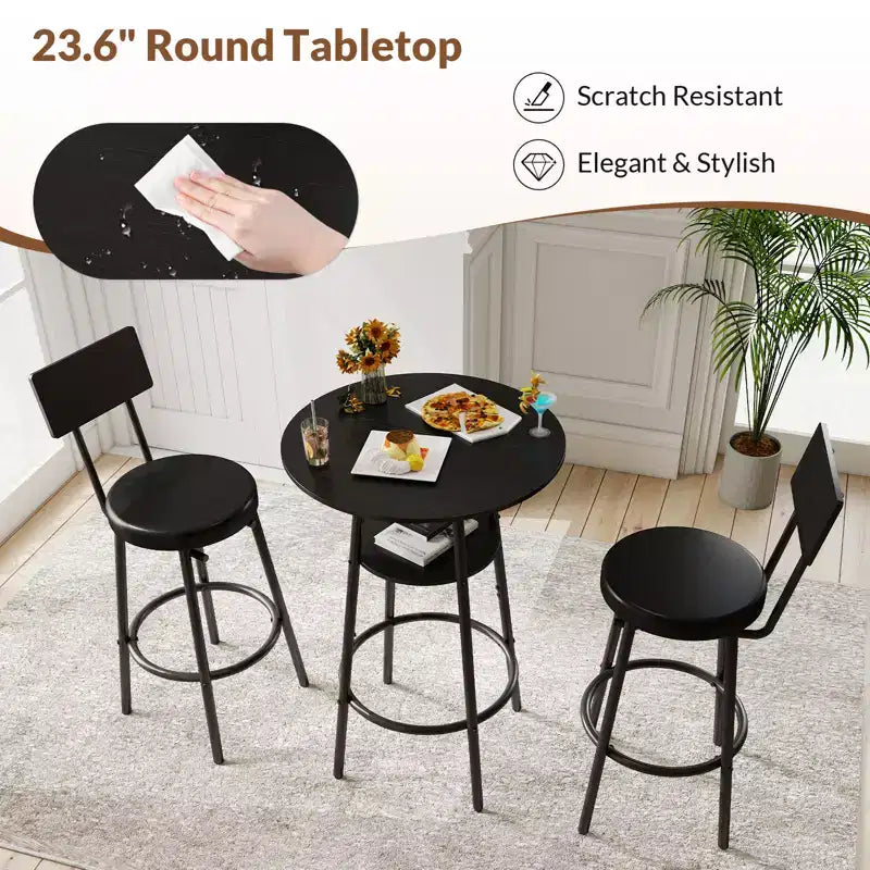 Zevemomo 3 Pieces Round Bar Table Set, Small Dining Table for 2, with Storage,2 Thickened Cushion Stools with Backrest for Dining Room & Bistro-Black