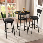 Zevemomo 3 Pieces Round Bar Table Set, Small Dining Table for 2, with Storage,2 Thickened Cushion Stools with Backrest for Dining Room & Bistro-Black