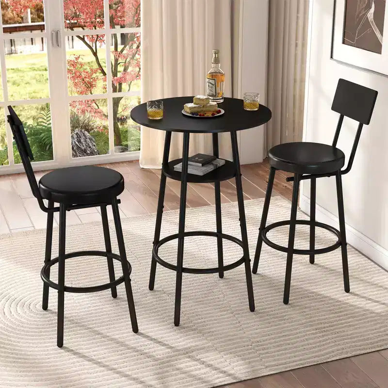 Zevemomo 3 Pieces Round Bar Table Set, Small Dining Table for 2, with Storage,2 Thickened Cushion Stools with Backrest for Dining Room & Bistro-Black