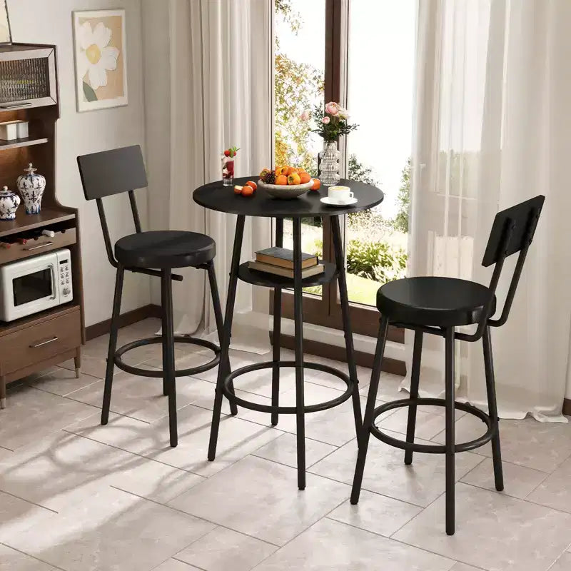 Zevemomo 3 Pieces Round Bar Table Set, Small Dining Table for 2, with Storage,2 Thickened Cushion Stools with Backrest for Dining Room & Bistro-Black