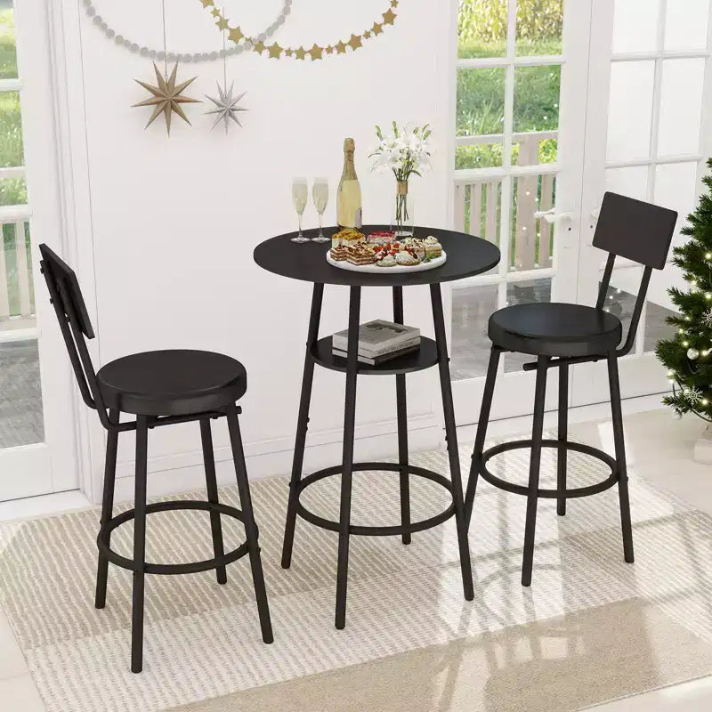 Zevemomo 3 Pieces Round Bar Table Set, Small Dining Table for 2, with Storage,2 Thickened Cushion Stools with Backrest for Dining Room & Bistro-Black