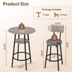 Zevemomo 3 Pieces Round Bar Table Set,Small Dining Table for 2, with Storage,Upholstered Stools with Backrest for Kitchen,Dining Room & Bistro-Grey